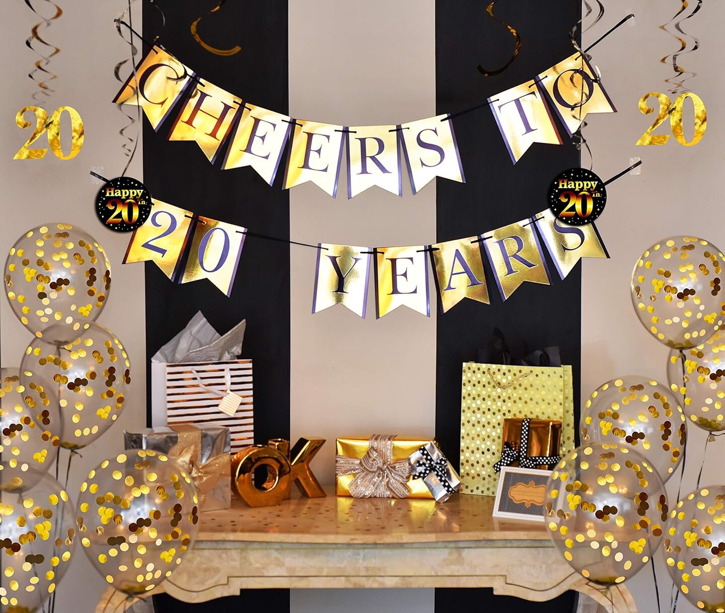 20th Birthday & Anniversary Decorations Party Pack - Pre-Strung "Cheers to 20 Years" Gold Banner, Glitter Confetti Balloons & Hanging Swirls - Complete 20-Year Milestone Party Supplies for Him or Her