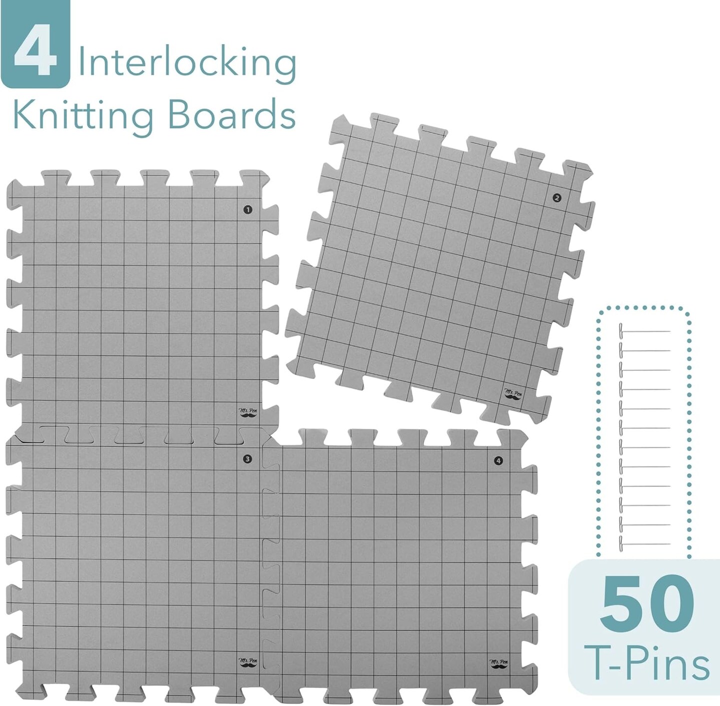 Interlocking Blocking Mats 12”x12” – 4-Pack with 50 T-Pins, Knitting & Crochet Blocking Board for Crochet and Knit Projects