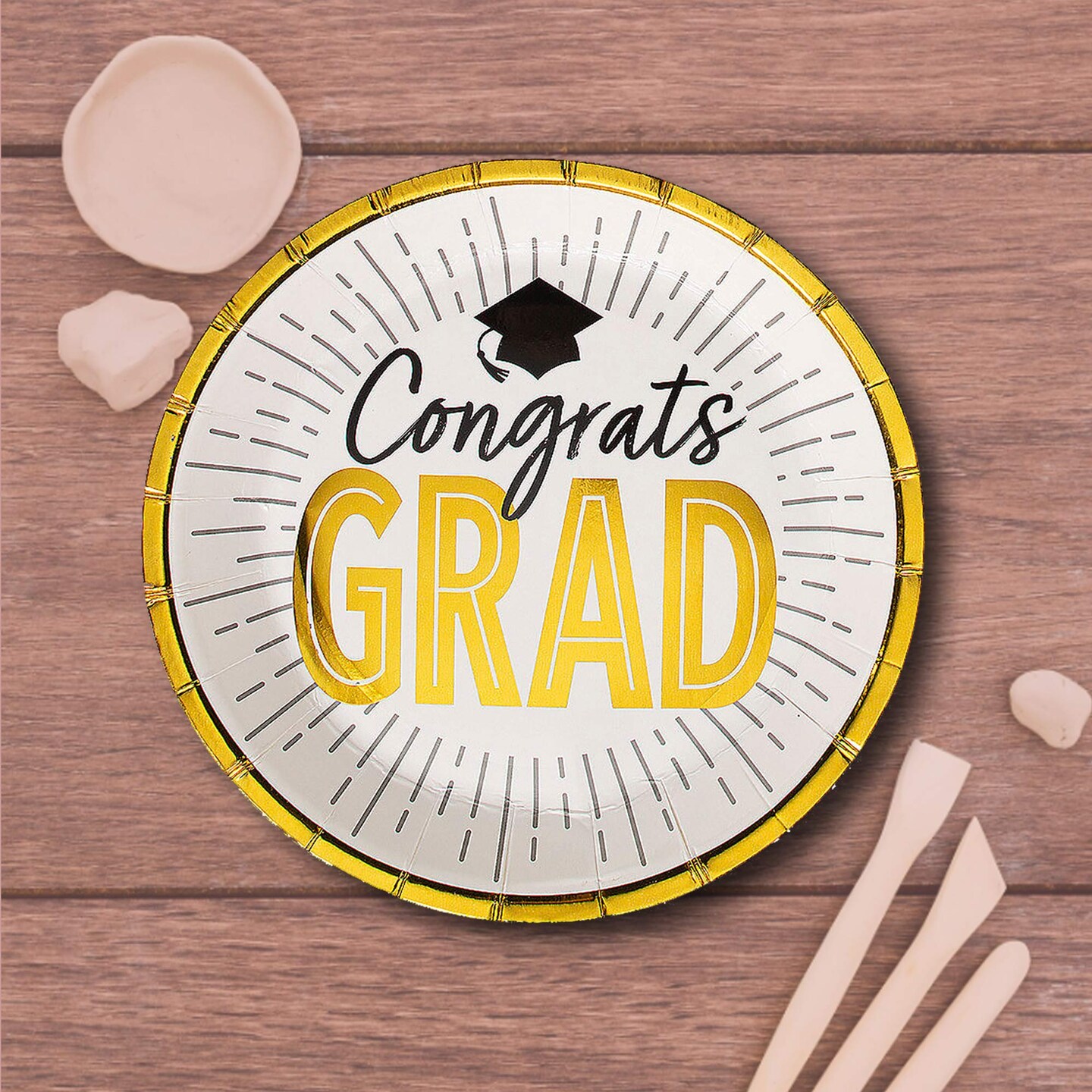 25 Count Black and Gold Graduation Party Congrats Grad Paper Dessert Plates 7 Inch