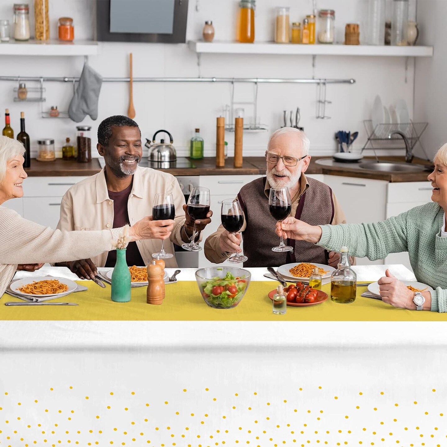 8Pack Disposable Plastic Tablecloths and Satin Table Runner Set (White and Gold) 108"L x 54"W