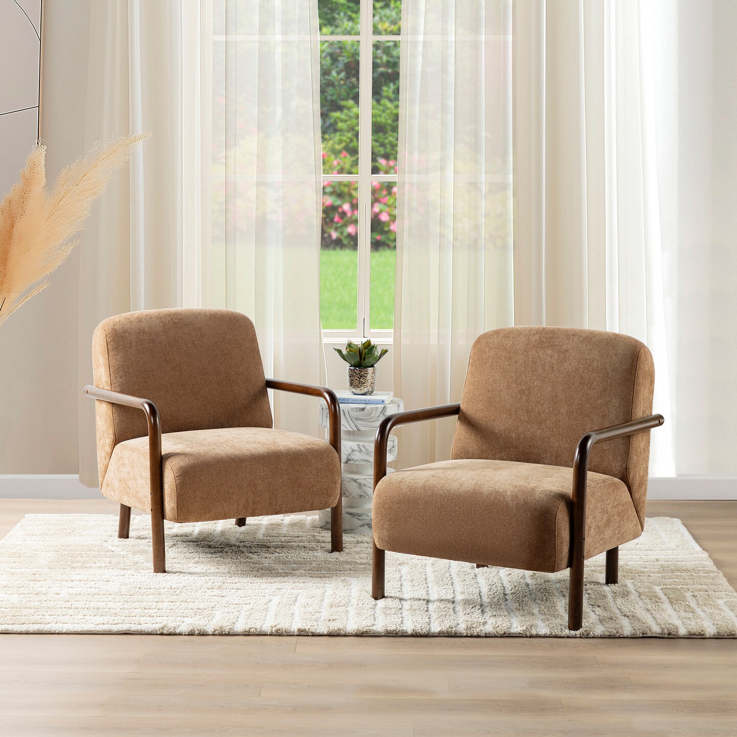 Mid-Century Modern Brown Fabric Thick Armchair with Walnut Rubberwood Frame