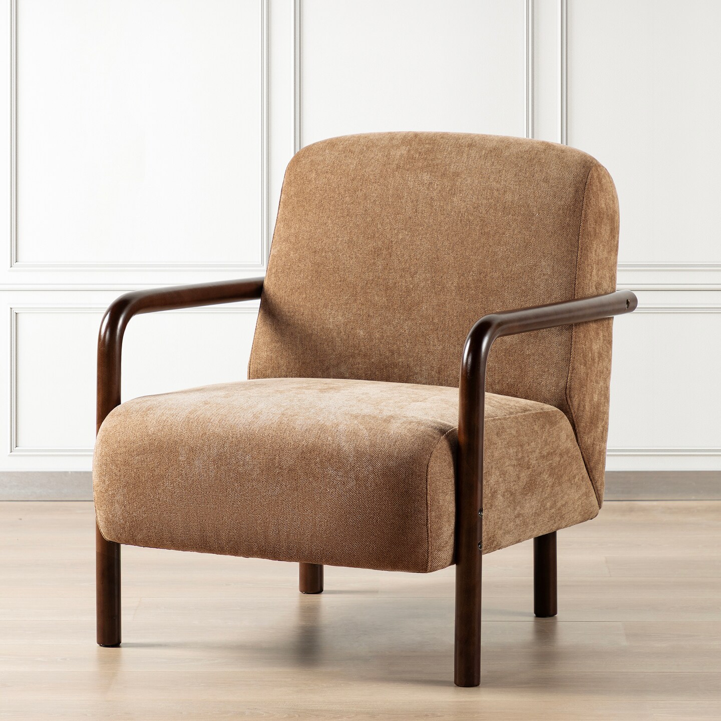 Mid-Century Modern Brown Fabric Thick Armchair with Walnut Rubberwood Frame