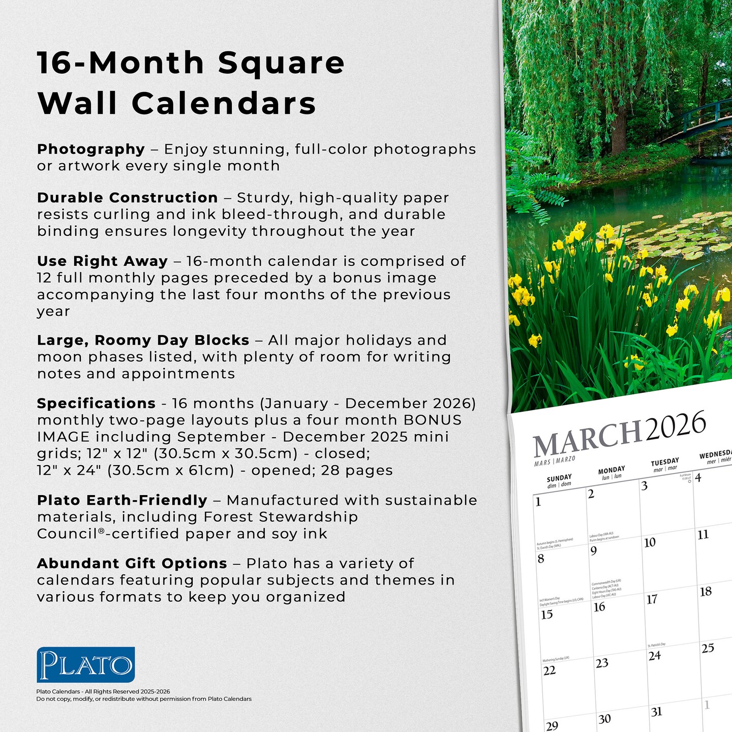 Monet&#x27;s Garden | 2026 12 x 24 Inch (Hanging) Monthly Square Wall Calendar | Foil Stamped Cover