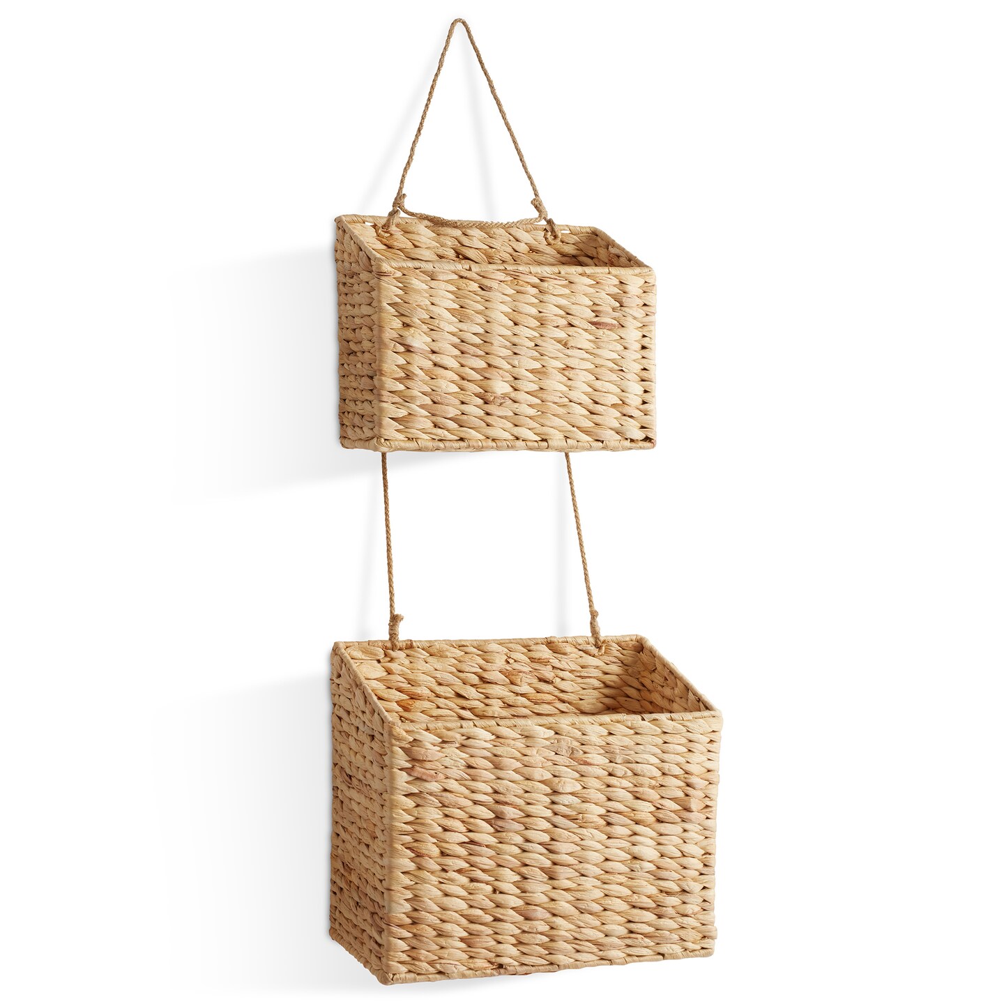 Casafield 2-Tier Hanging Storage Basket Set, Natural Boho Water Hyacinth Wall Basket Organizer for Kitchen Pantry, Home Office, Entryway, Bathroom