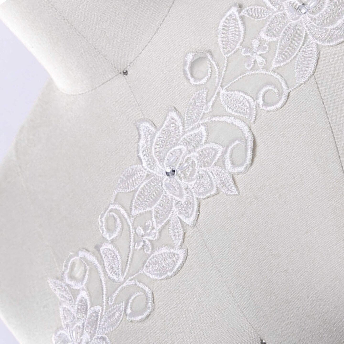 1 Yard 3 Inch White Beaded Floral Bridal Lace Trim on Organza