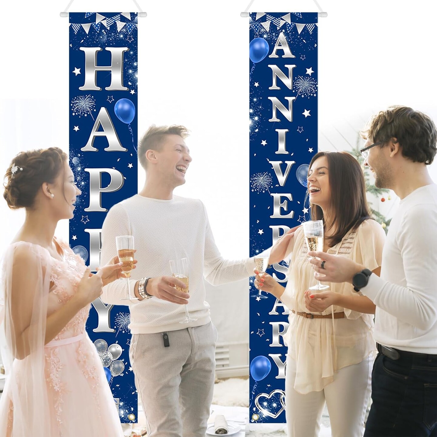 Happy Anniversary Door Banner Navy Blue and Silver Wedding Anniversary (Blue) 71"L x 12"W