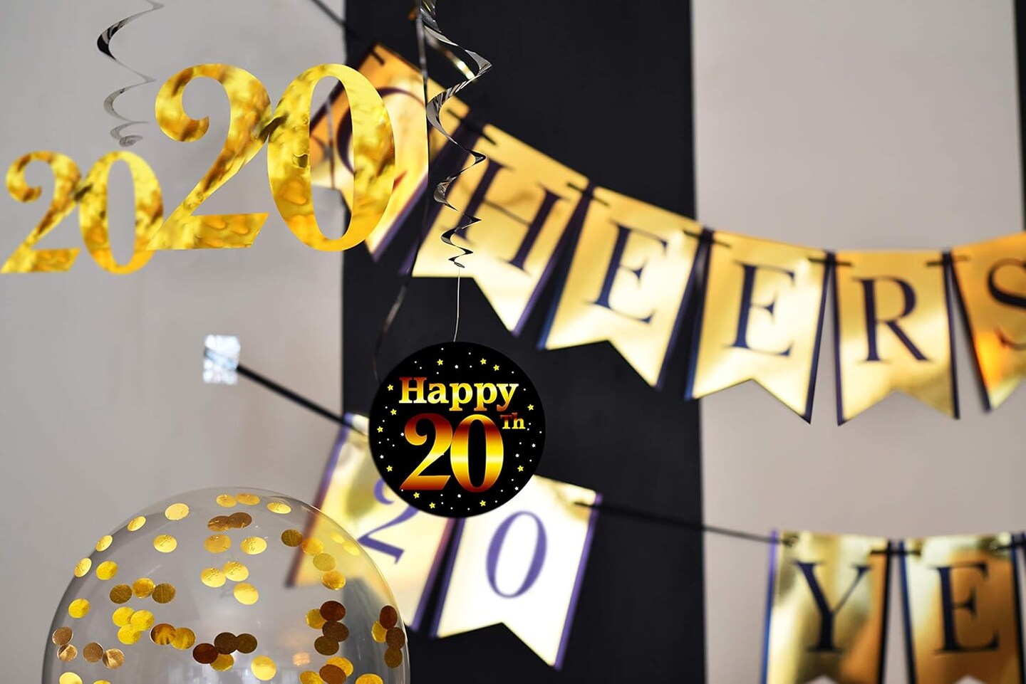 20th Birthday & Anniversary Decorations Party Pack - Pre-Strung "Cheers to 20 Years" Gold Banner, Glitter Confetti Balloons & Hanging Swirls - Complete 20-Year Milestone Party Supplies for Him or Her