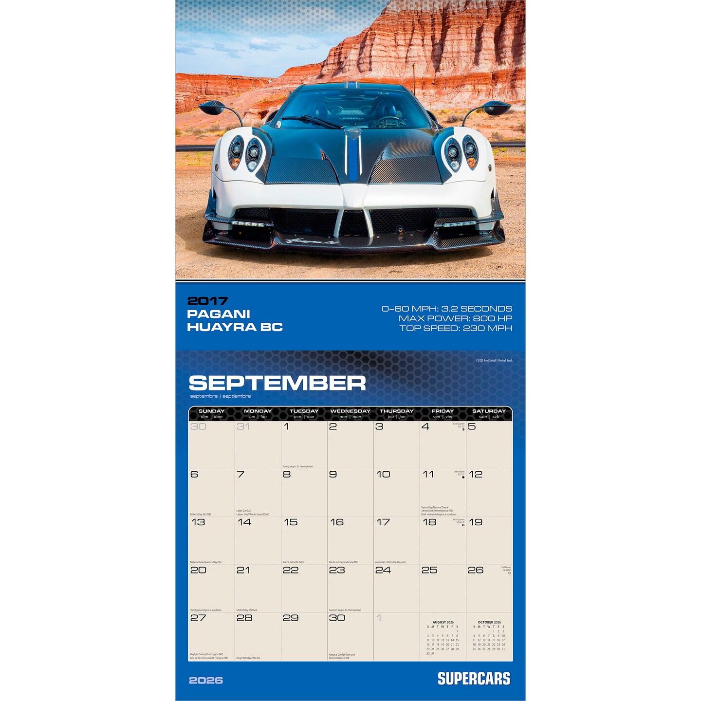 Supercars | 2026 12 x 24 Inch (Hanging) Monthly Square Wall Calendar | Foil Stamped Cover