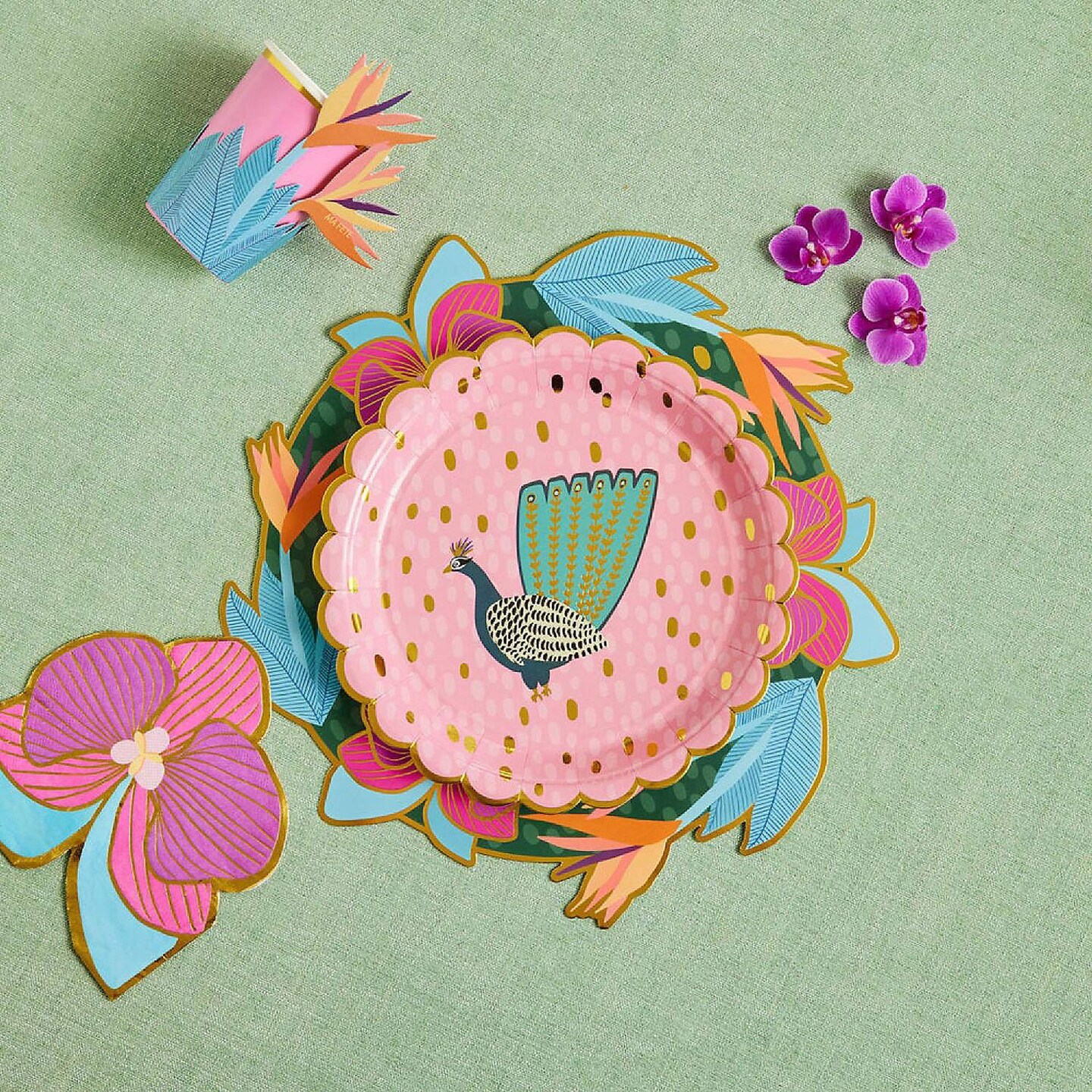 8 Count Ma Fete Tropical Peacock Theme Paper Dinner Plates Gold Foil Edge 9 Inch