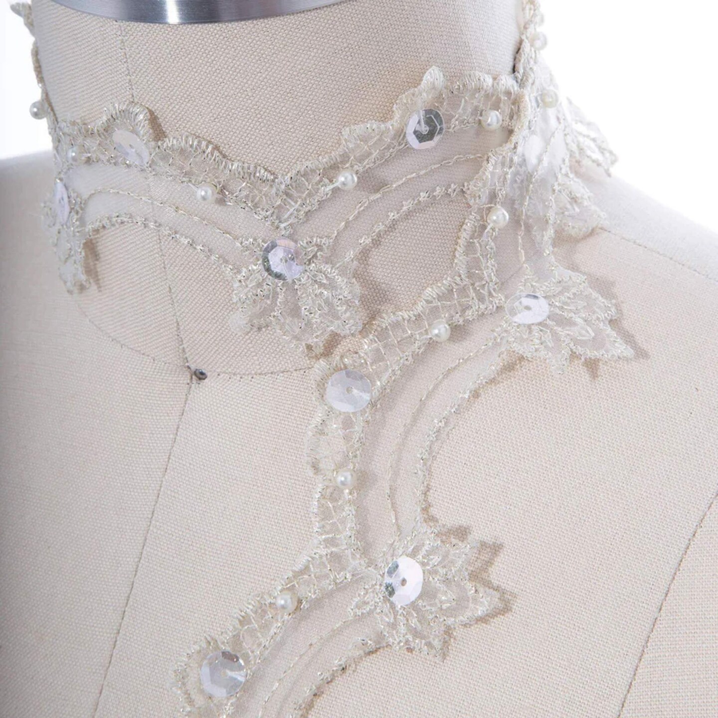 1 Yard 1 Inch Champagne Lace Trim with Beading and Silver Sequins