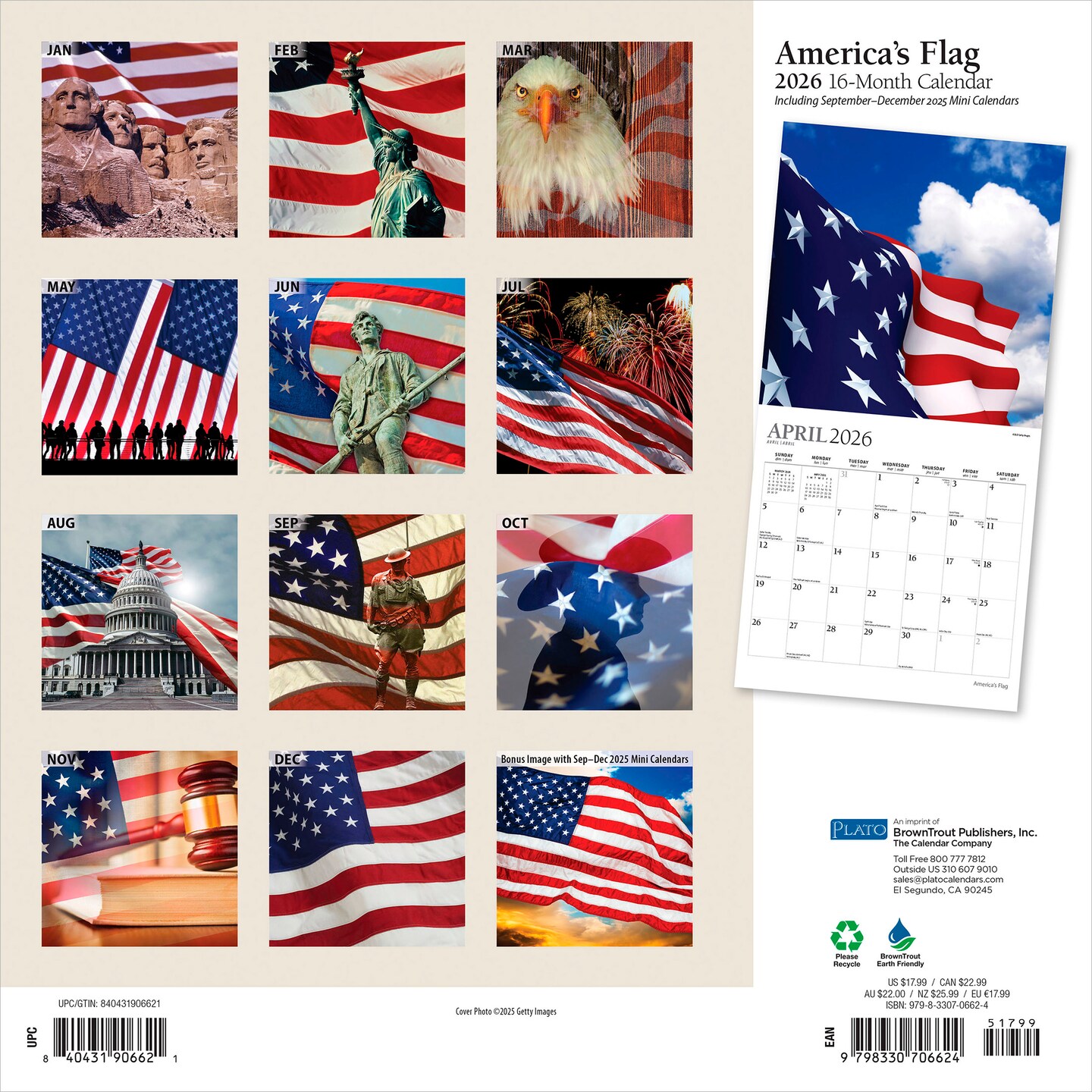 America&#x27;s Flag | 2026 12 x 24 Inch (Hanging) Monthly Square Wall Calendar | Foil Stamped Cover