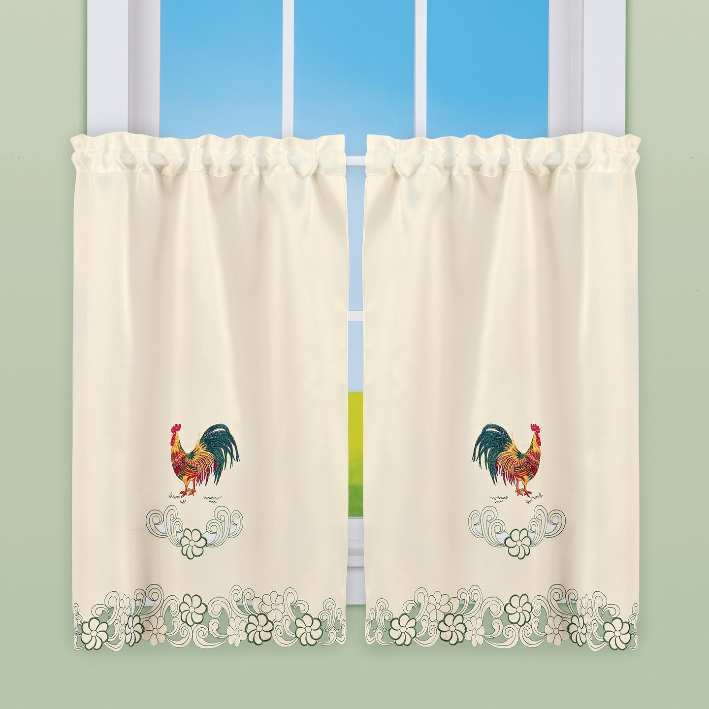 Collections Etc Rooster Embroidered Kitchen Window Curtains, Single Panel,
