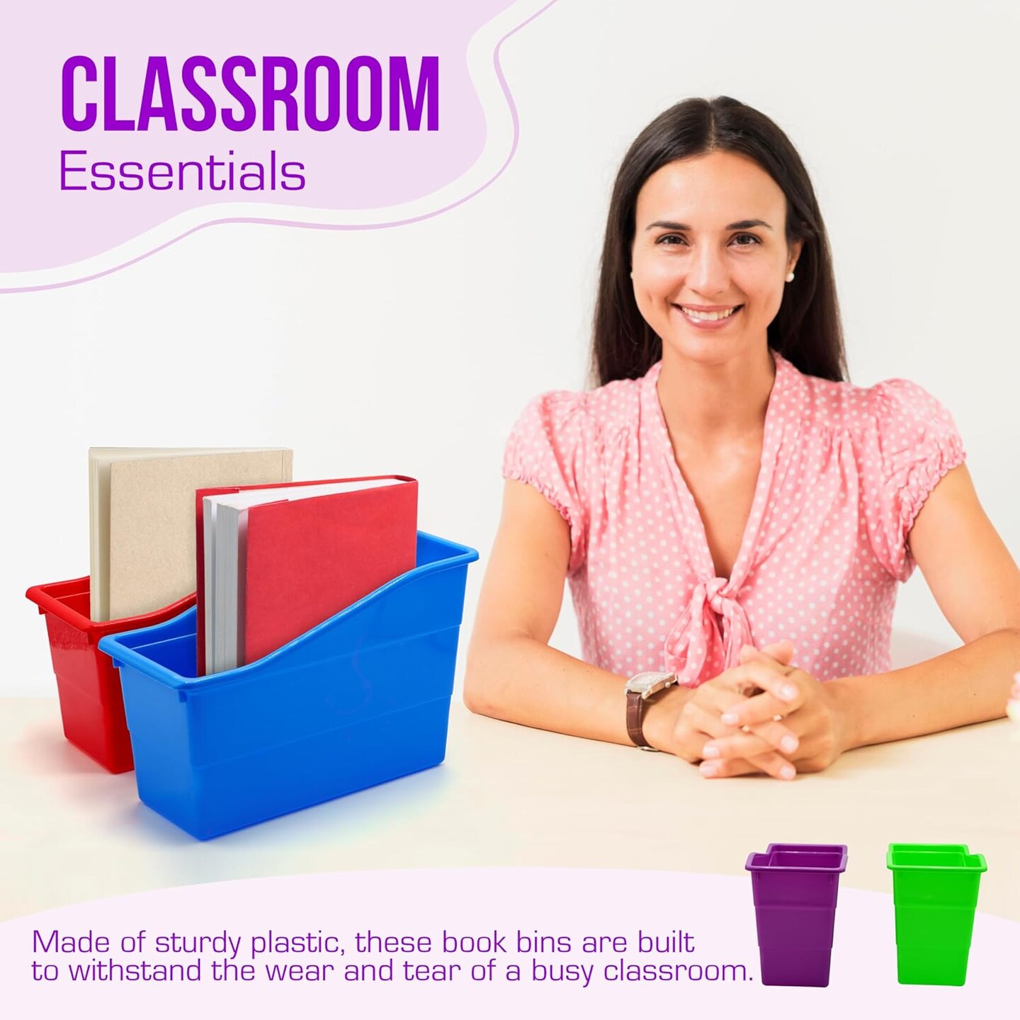 4E's Novelty 6 Durable Book and Binder Holder, Files Book Bins for Classroom, Plastic Vertical Storage Book Organizer Folder Office Classroom Organization Containers Supplies