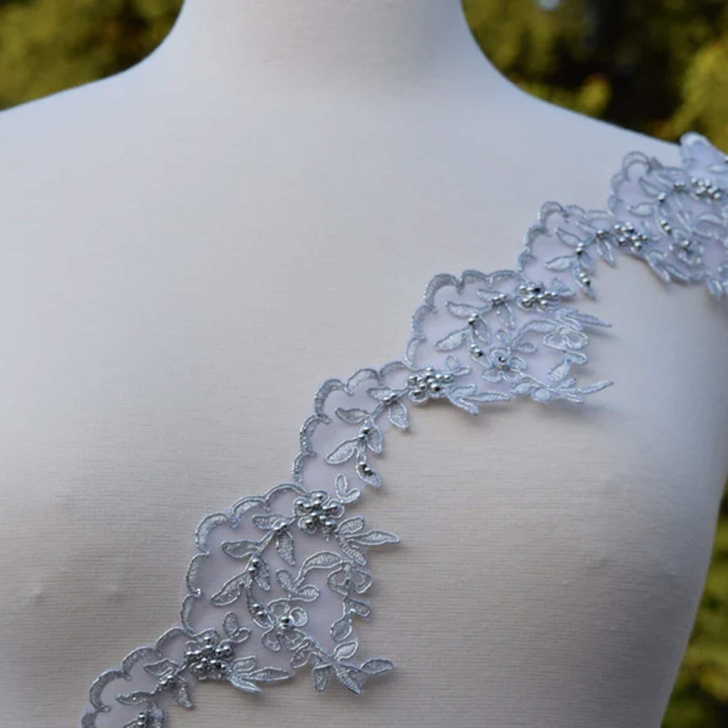 1 Yard Shimmery Silver Polyester Lace Trim with Silver Beaded Embellishments 3 Inch Width