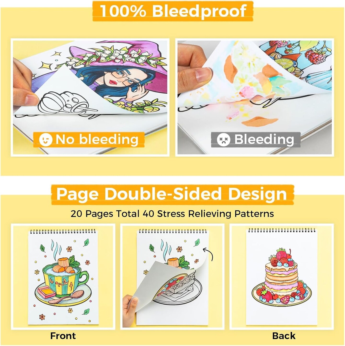 Ohuhu Double-Sided Bleedproof Coloring Book for Alcohol Markers - 8&#x22;x10&#x22; Coloring Books - Stress-Relieving Animal Mandala Flower Dessert Portrait Designs for Adults and Teens