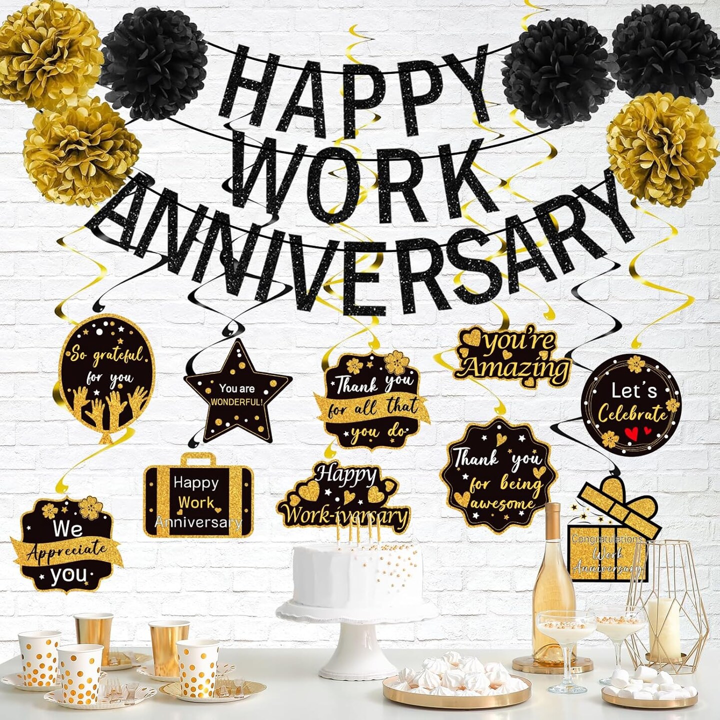 Happy Work Anniversary Decorations Black Gold, Happy Anniversary Banner