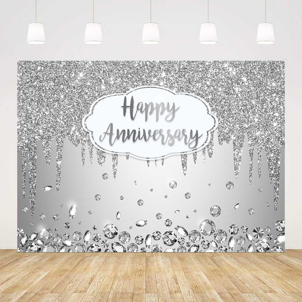 7x5ft Happy Anniversary Backdrop Silver Dripping Glitter Crystals