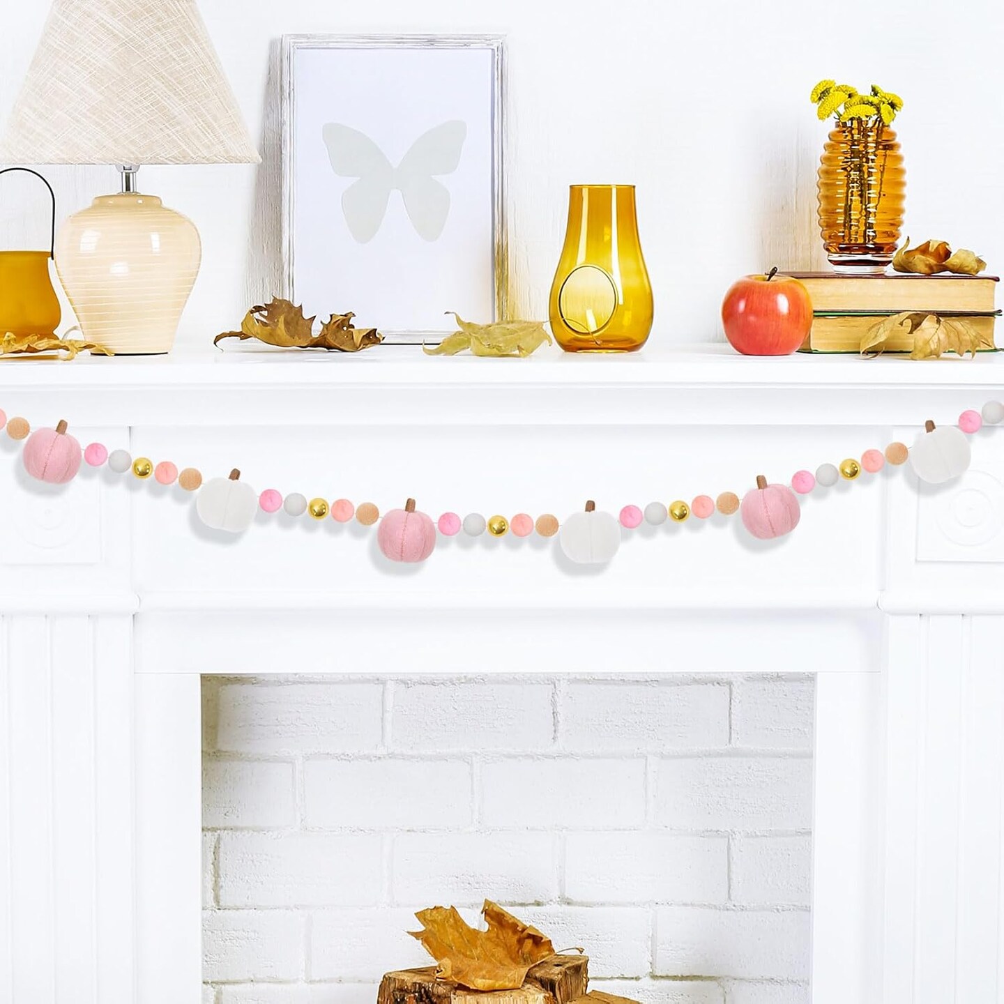 8.2Ft Fall Felt Garland 3D Pink White Pumpkin with Gold Bead Hanging Banner