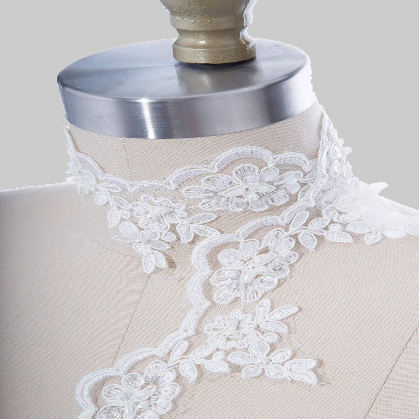 1 Yard White Beaded Arch Style Bridal Lace Trim 2.25 Inch Pearl Veil Edging