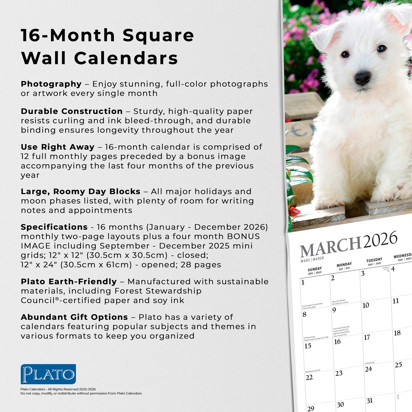 Puppy Pals | 2026 12 x 24 Inch (Hanging) Monthly Square Wall Calendar | Foil Stamped Cover