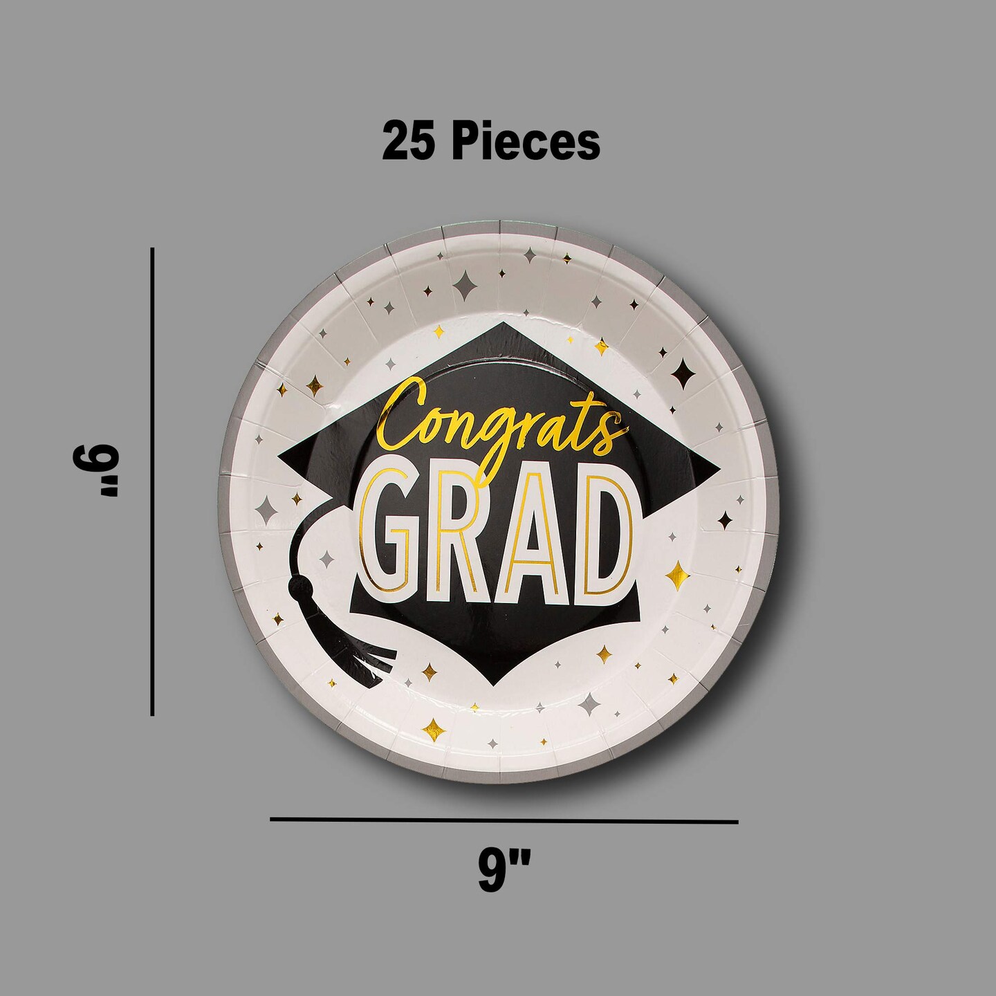 25 Count Black Gold Graduation Party Congrats Grad Paper Dinner Plates ...