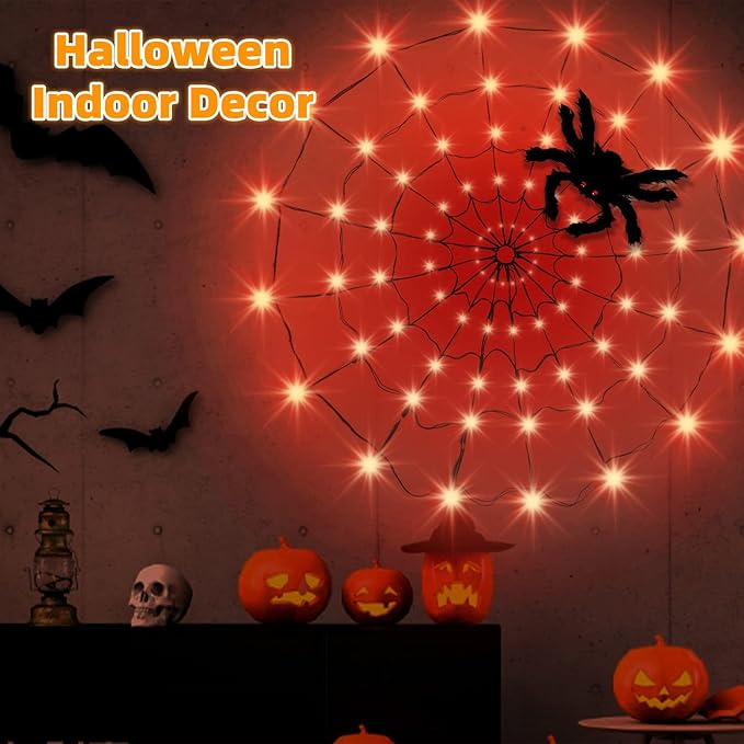 Spider Web Lights Decoration 4 FT Diameter+80 Led+1 Big Black Spider+10 Small Spiders+8 Lighting Modes, Outdoor Indoor Battery Operated Halloween Lights