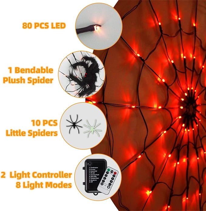 Spider Web Lights Decoration 4 FT Diameter+80 Led+1 Big Black Spider+10 Small Spiders+8 Lighting Modes, Outdoor Indoor Battery Operated Halloween Lights