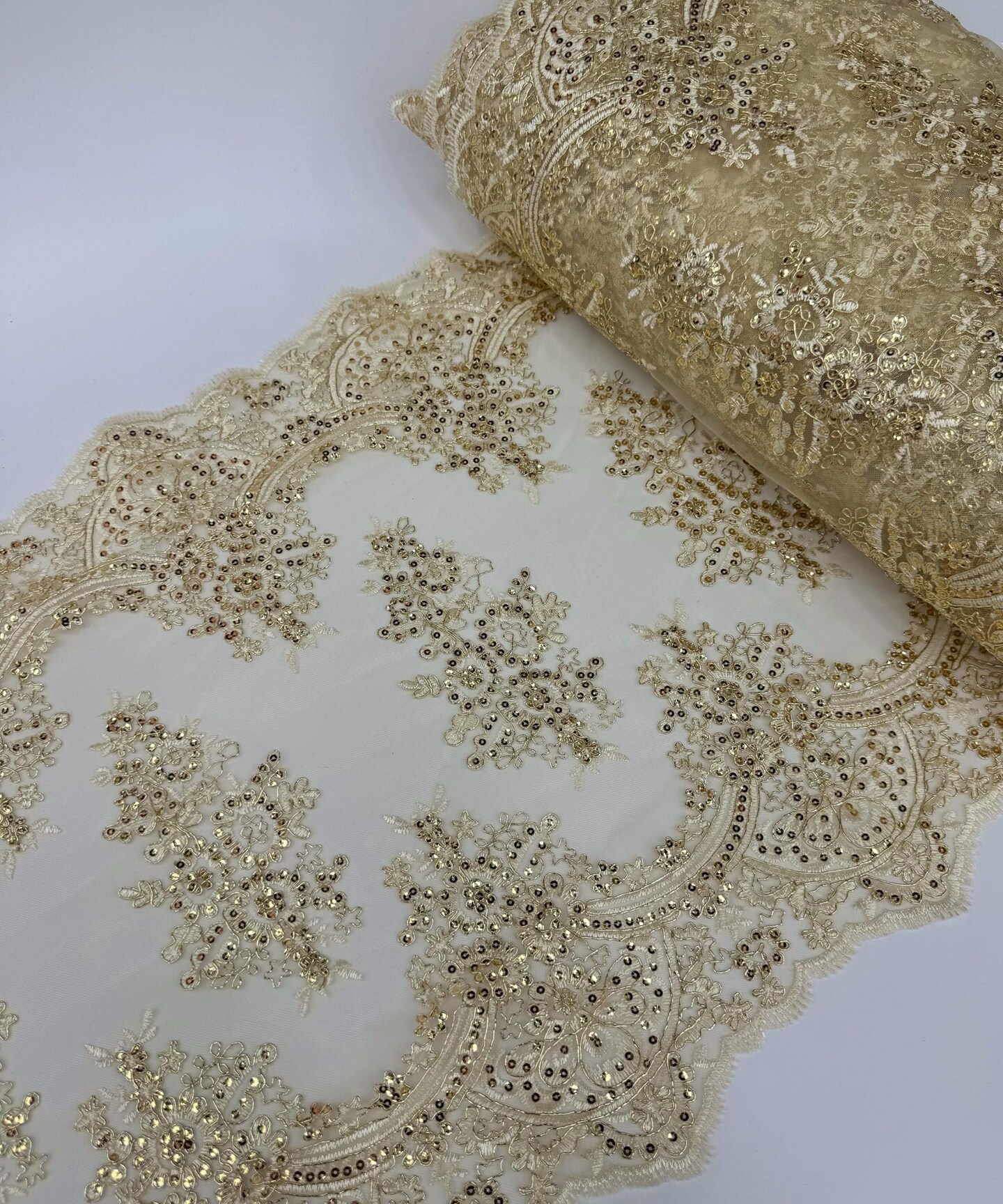 Champagne Embroidered Lace Table Runner by the Yard, 20" Wide Sequin Mesh Lace Trim with Scalloped Edges
