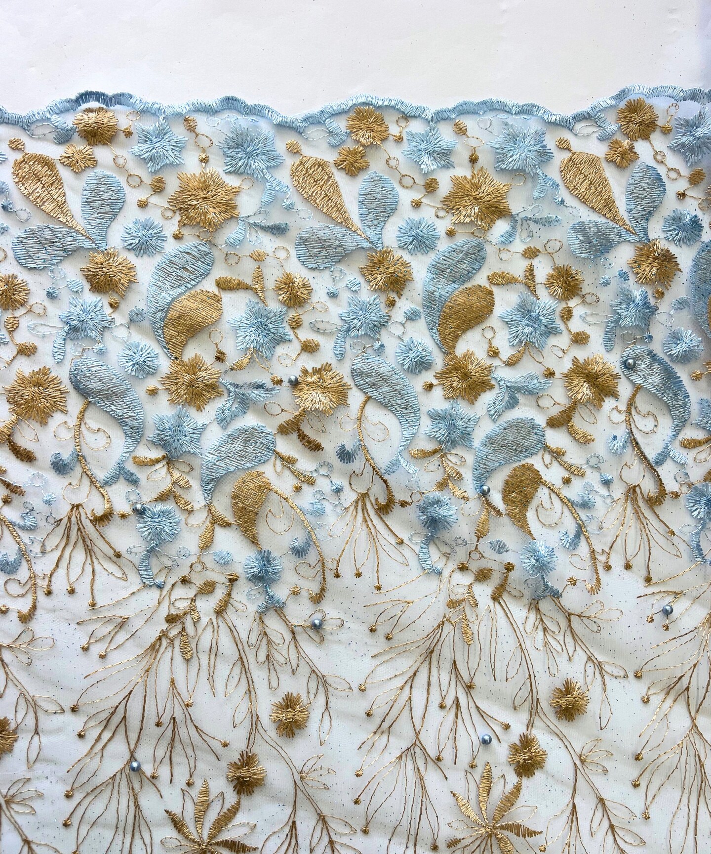 Blue/Gold Sequin Embroidered Lace Fabric by the Yard, 54" Wide Floral Mesh Lace with Double Scalloped Edges