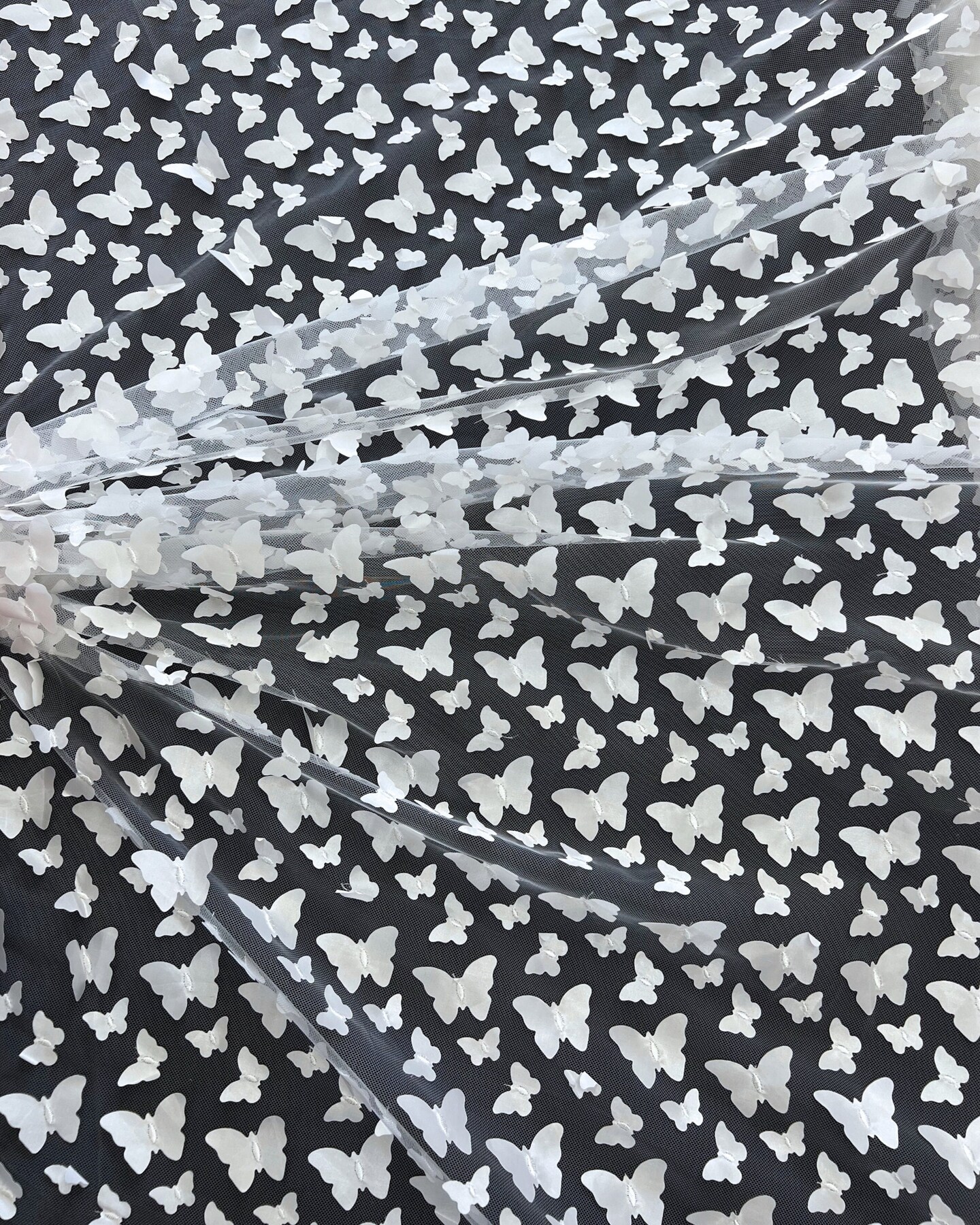 White 3D Butterfly Nylon Tulle Fabric by the Yard, 63" Wide Soft Stretch Mesh Fabric for Veils, Wedding Dresses, Decor & Sewing