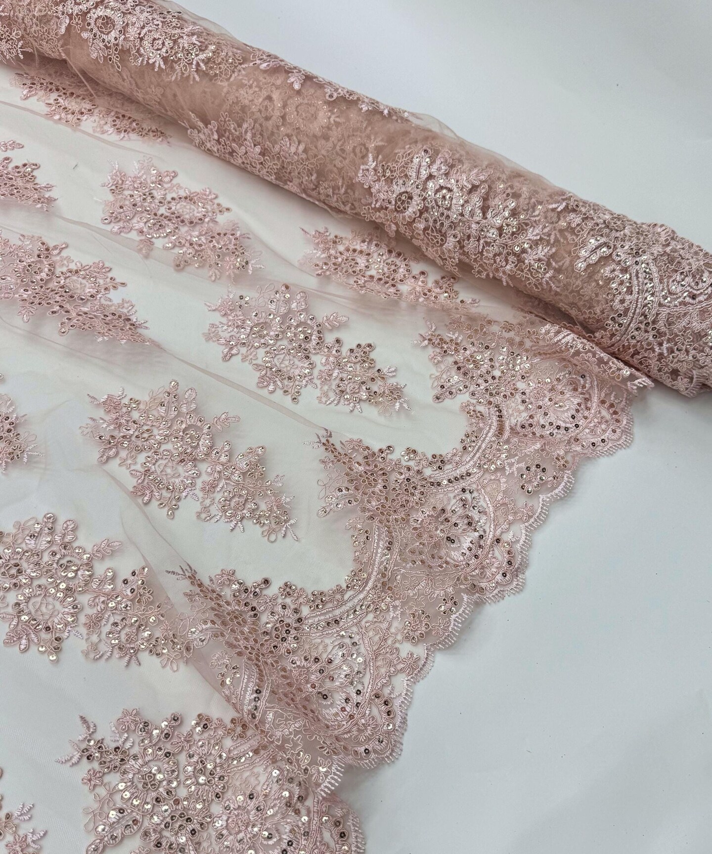 Blush Sequin Embroidered Lace Fabric by the Yard, 54" Wide Floral Mesh Lace with Double Scalloped Edges