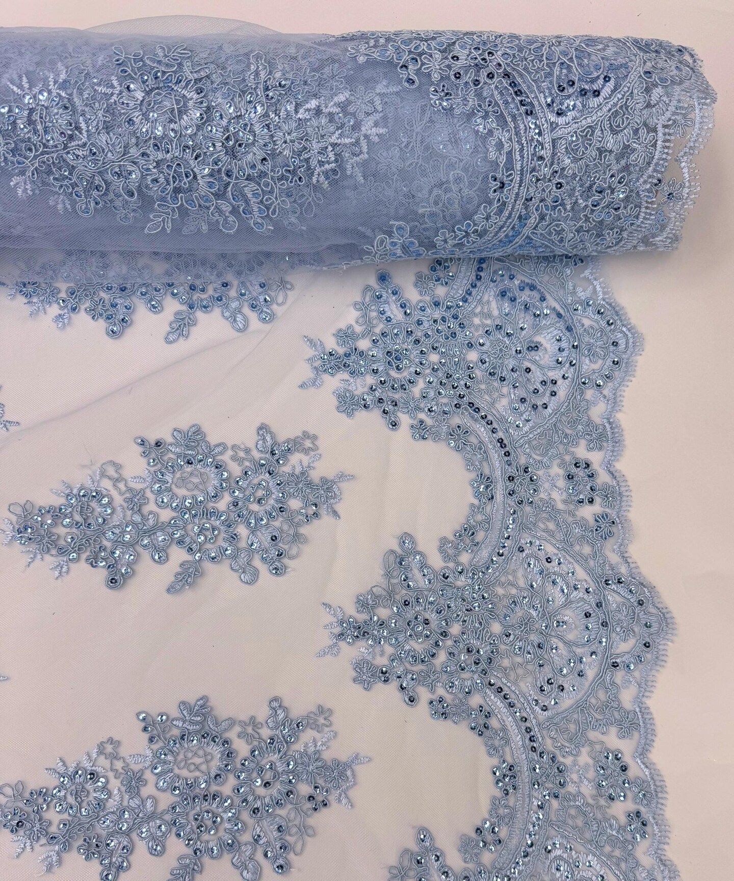 Baby Blue Sequin Embroidered Lace Fabric by the Yard, 54" Wide Floral Mesh Lace with Double Scalloped Edges