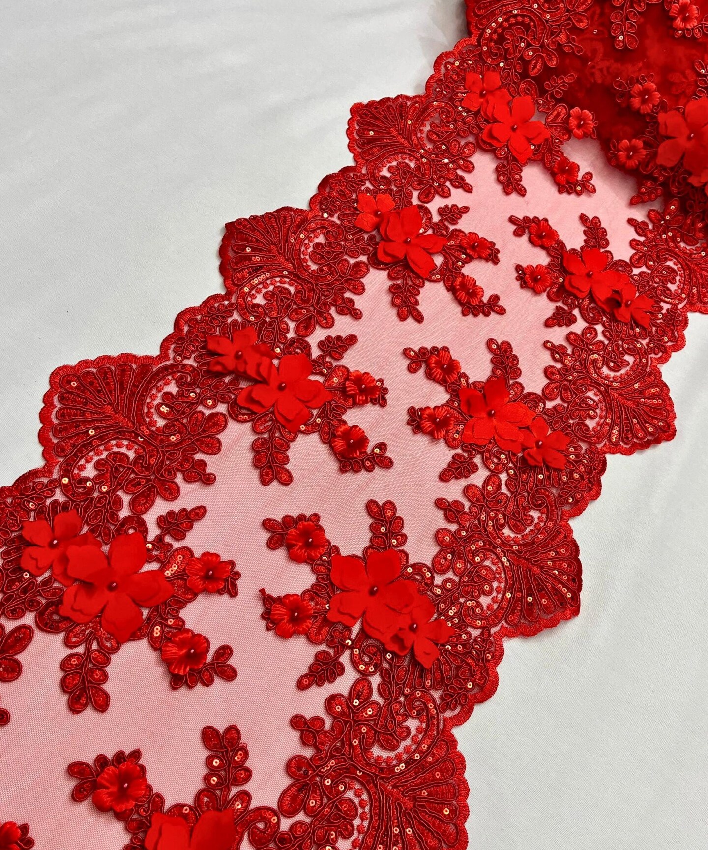 Red 3D Wide Floral Sequin & Mesh with Pearls Lace Trim for Table Runner 13"