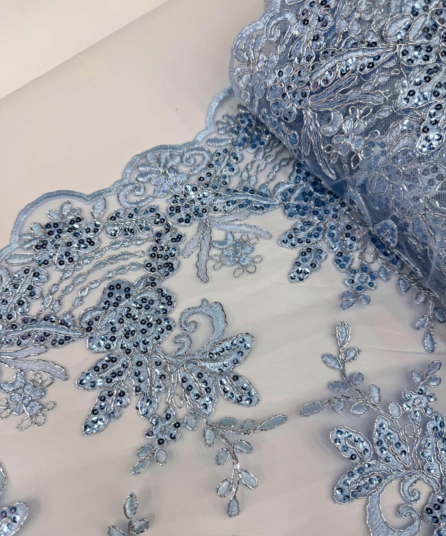 Baby Blue Floral Embroidered Lace Table Runner by the Yard, 14" Wide Sequin Mesh Lace Trim with Scalloped Edges