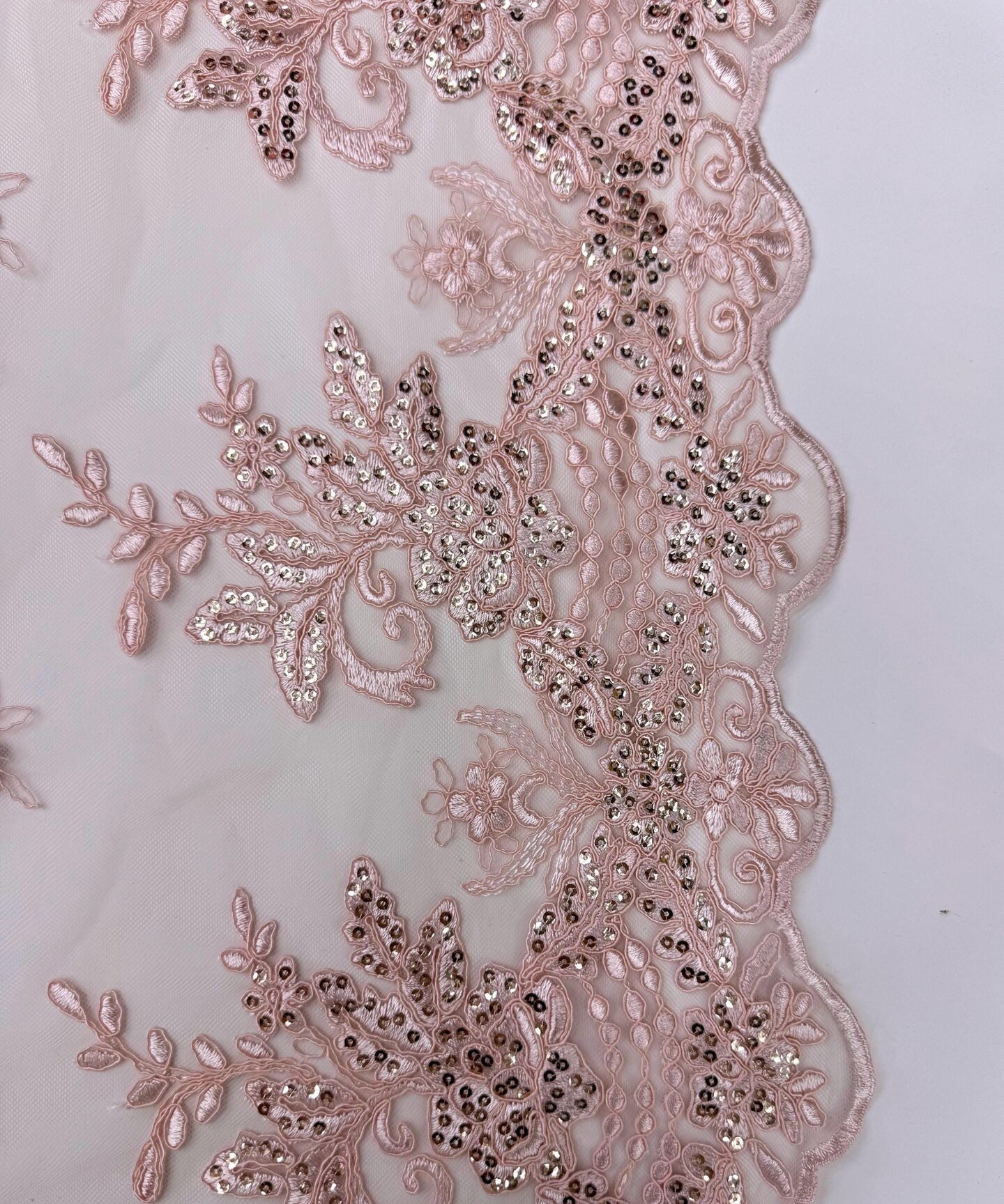 Blush Pink Sequin Embroidered Lace Fabric by the Yard, 54" Wide Floral Mesh Lace with Double Scalloped Edges
