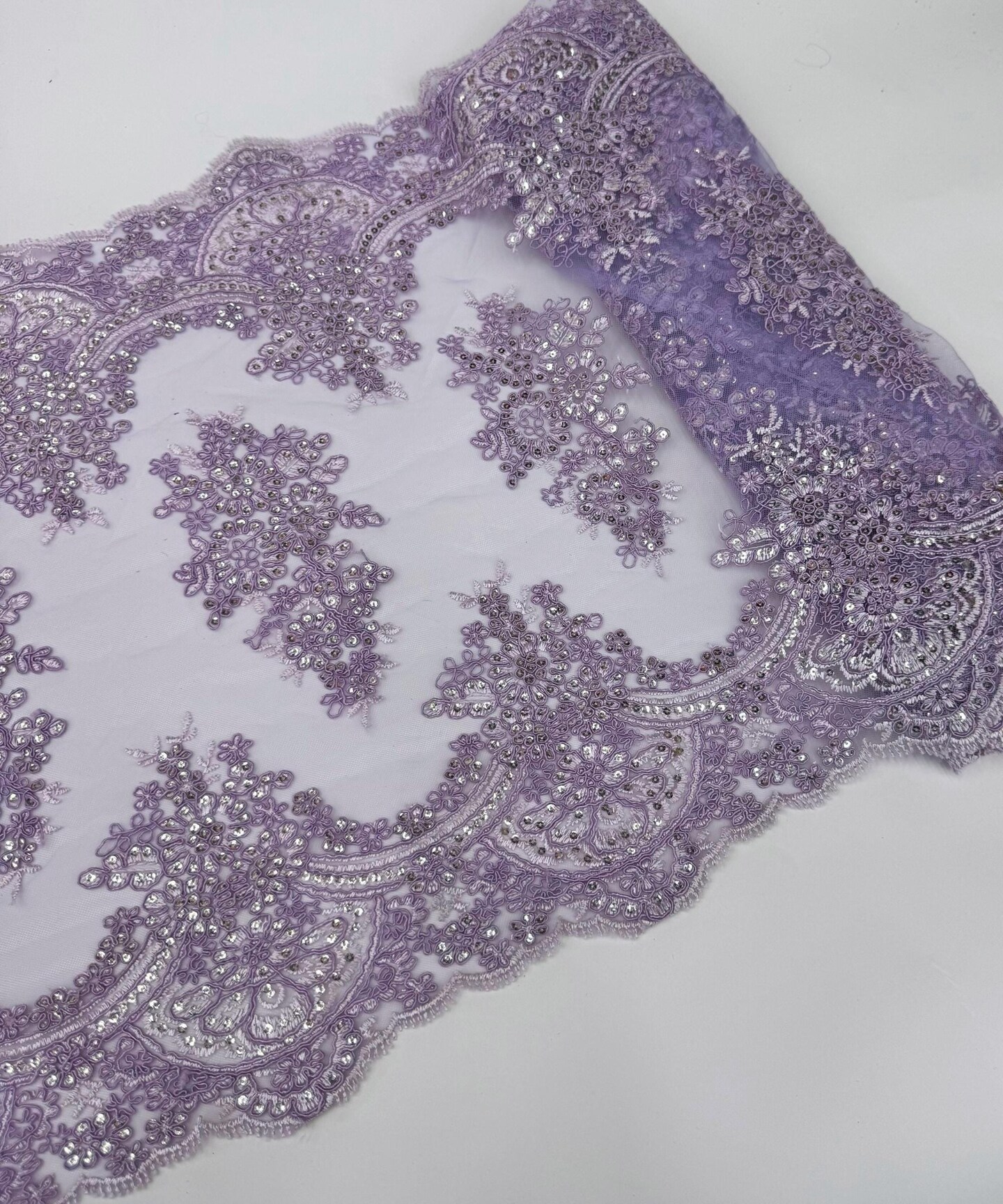 Lilac Embroidered Lace Table Runner by the Yard, 20" Wide Sequin Mesh Lace Trim with Scalloped Edges