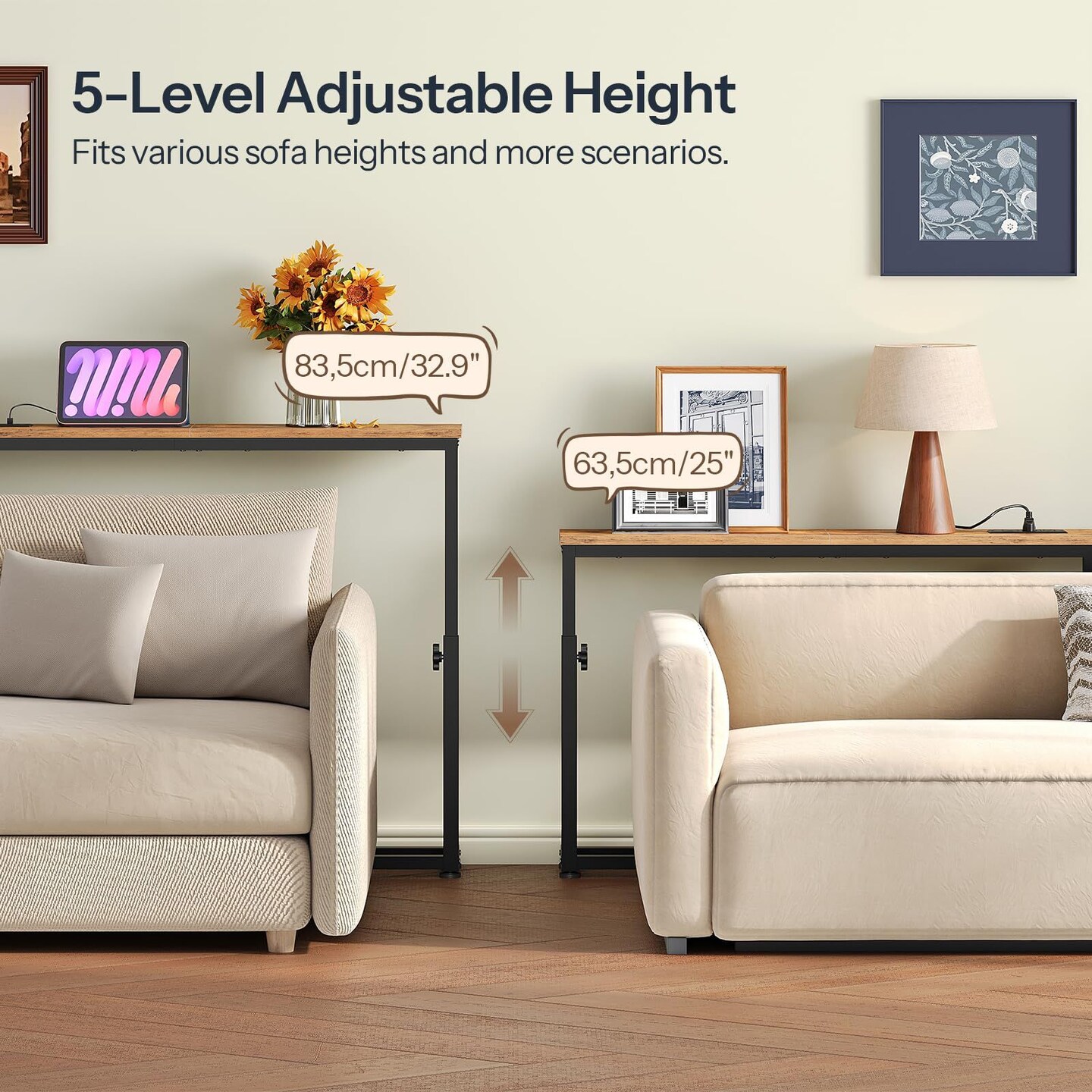 Space-Saving Multi-Functional Sofa or Desk Table with AC and USB Ports