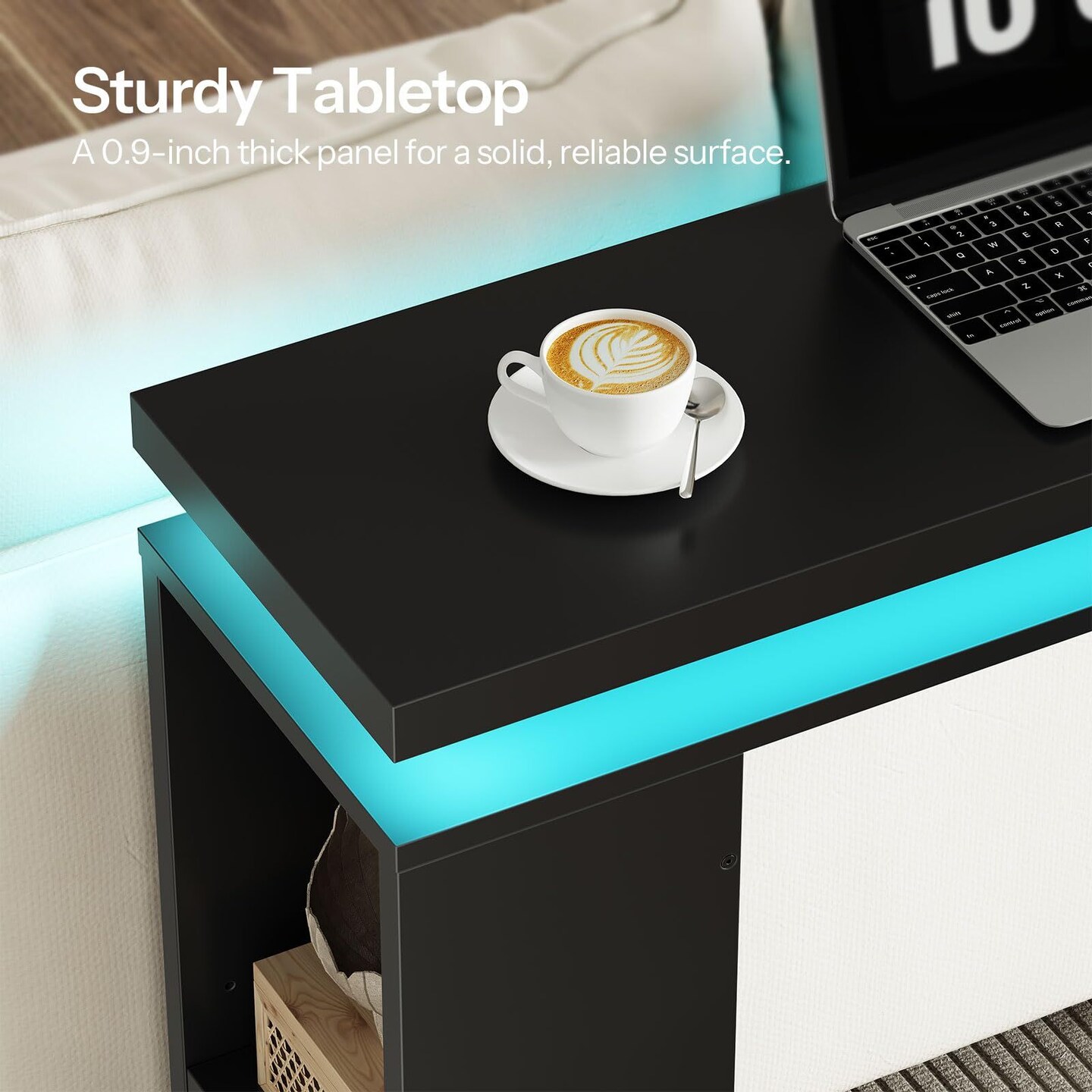 Minimalist Black Floating Console Table – LED Ambient Lighting and Versatile Storage