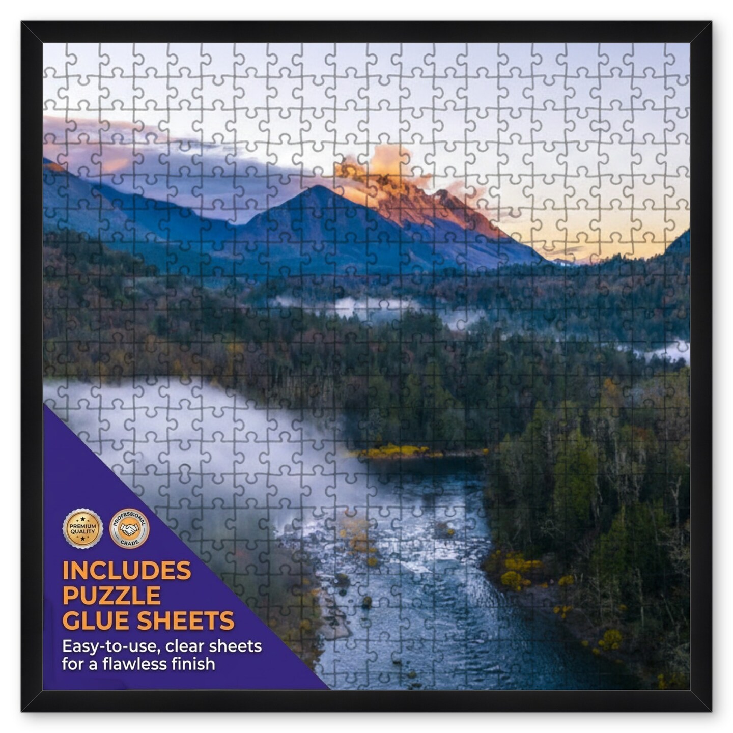 CustomPictureFrames.com Solid Wood Round Mat Puzzle Frame - Multiple Sizes - Black Precision-Cut Mat - Adhesive Preservation Sheets - Assembled in USA Made in the USA