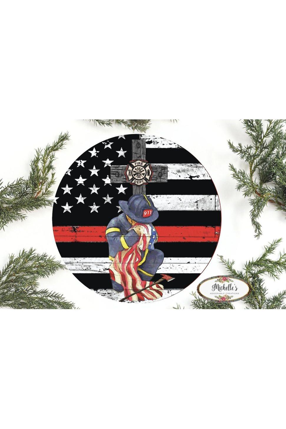 Thin Red Line Kneeling Firefighter Round Sign