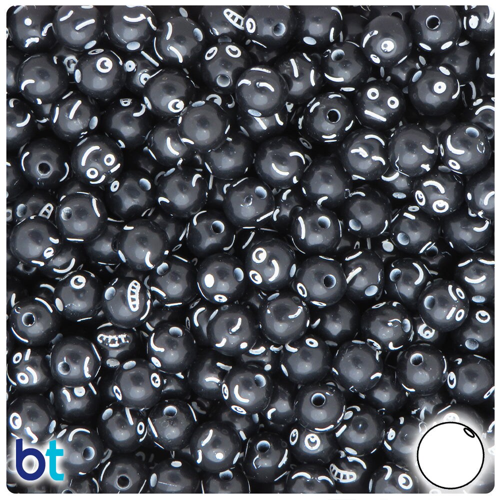 BeadTin Black Opaque 8mm Round Plastic Alpha Beads - White Faces (200pcs)