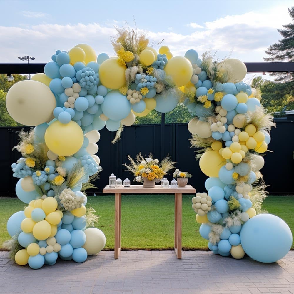 Pastel Blue Yellow Balloon Garland Double Stuffed White Sand Light Yellow Baby Blue Matte Balloon Arch Kit for Baby Shower Bear Birthday Bridal Party Decoration