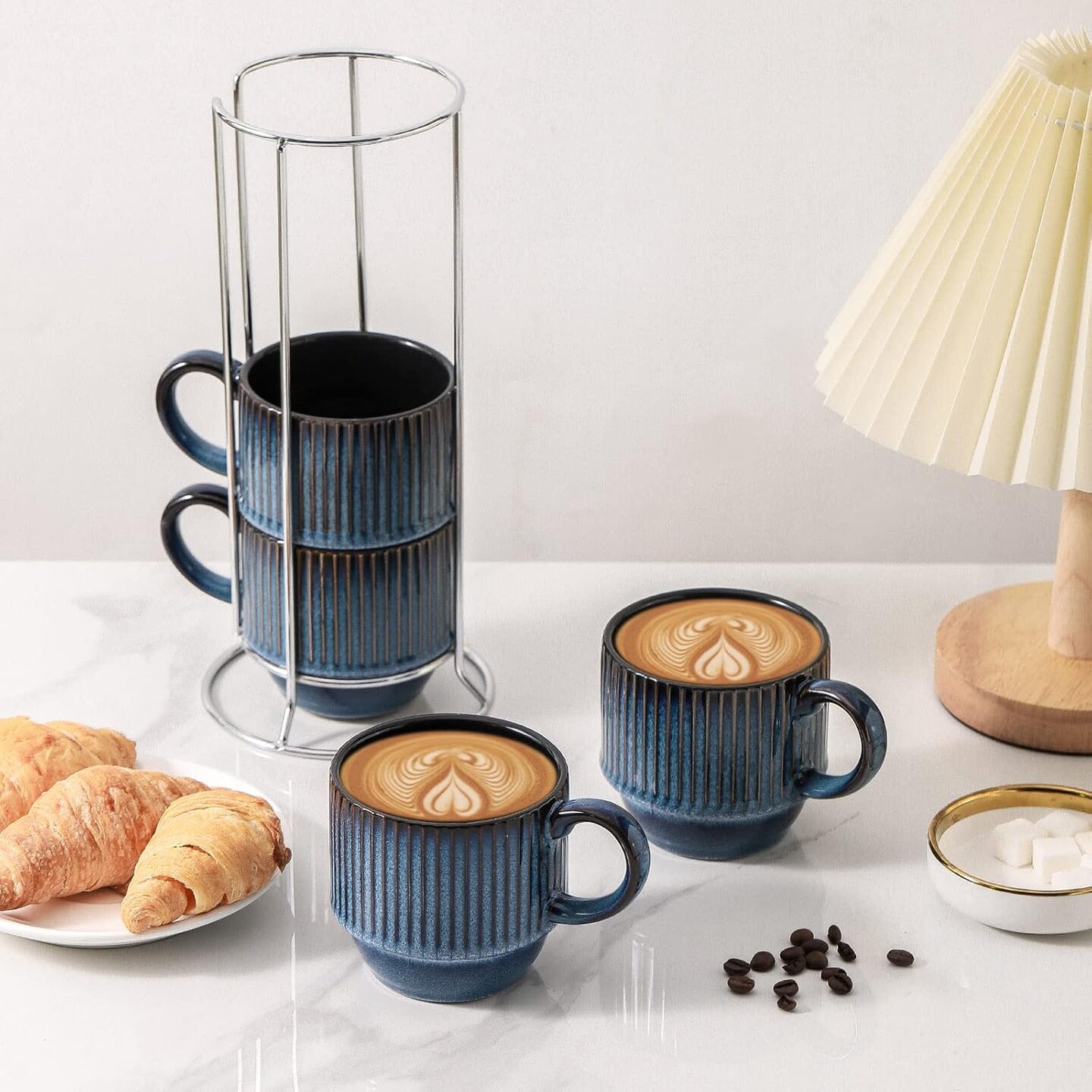 Navy Coffee Mugs Porcelain Set of 4 with Rack