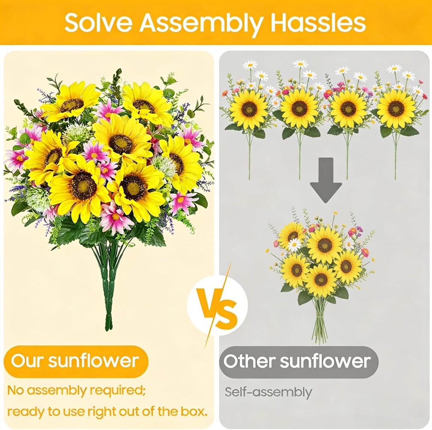 2pcs Cemetery Flowers for Grave Artificial Sunflowers Bouquet Faux Wildflowers with Daisy Spring Flowers for Grave Vase Floral Arrangements Wedding Table Centerpieces Home Decor