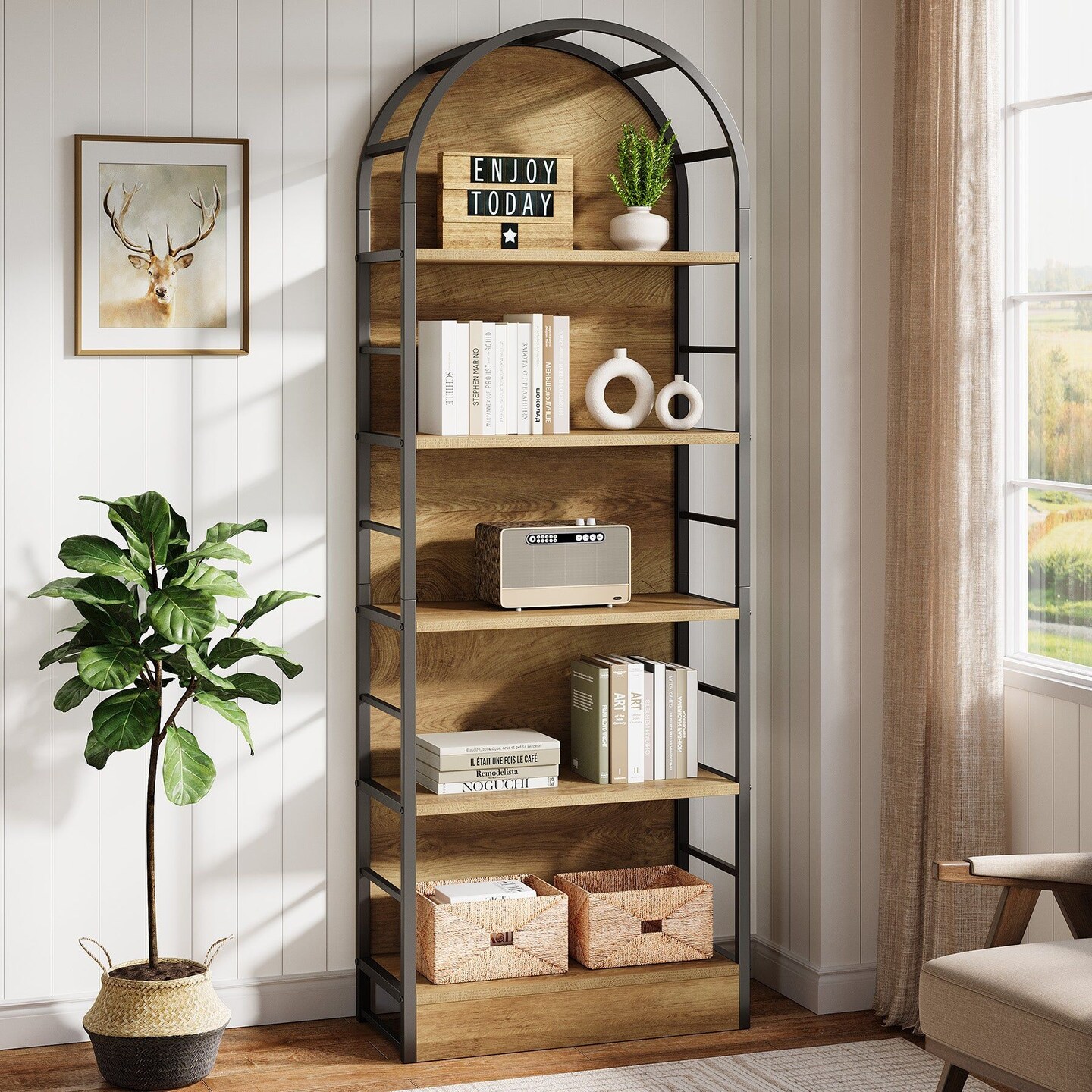 Arched 5 Tier Bookshelf Wood Metal Bookcase Storage Shelf Freestanding Display Rack for Living Room Bedroom Office