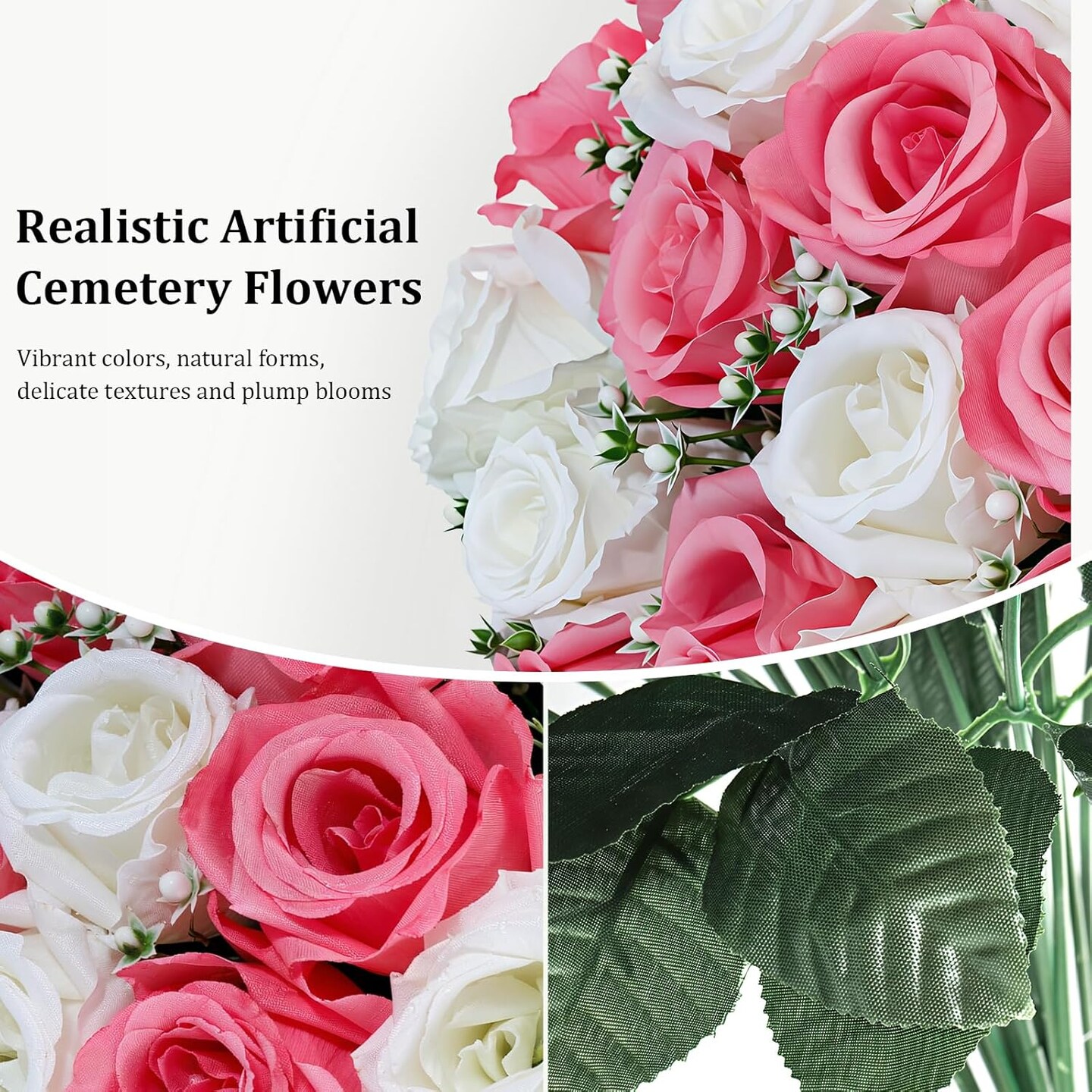 Artificial Cemetery Flowers with Vase, 2 Sets Outdoor Grave Decorations UV Resistant Silk Roses Bouquet Graveyard Memorial Day Flowers for Cemetery Headstones Decoration, White Pink