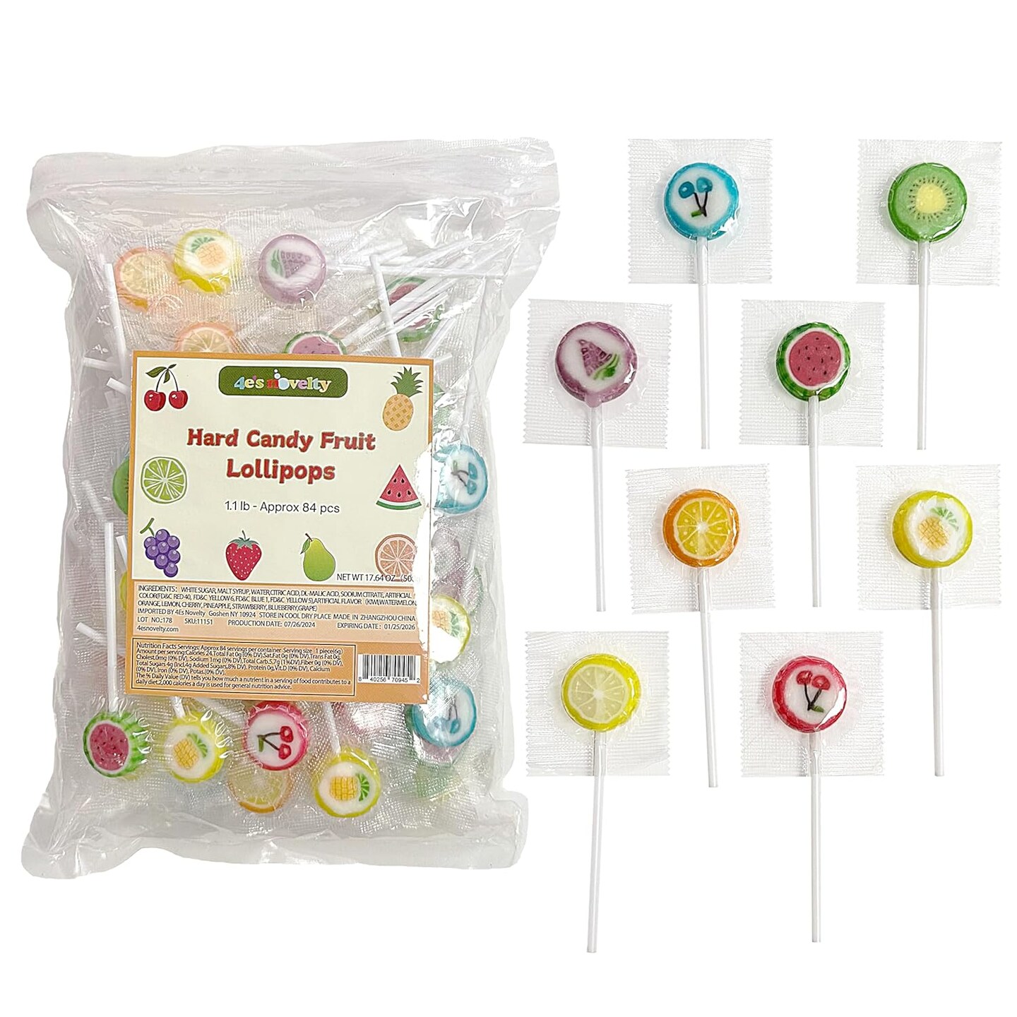 4E's Novelty Fruit Lollipops – 1.1lb Bulk, 84 Wrapped Suckers for Kids & Parties