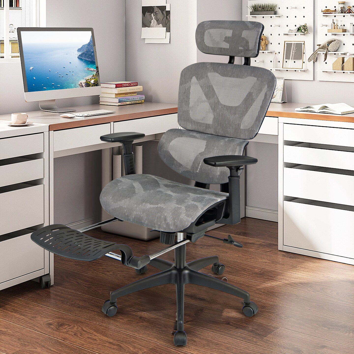 Mesh Office Chair with Tilting Backrest and Retractable Footrest-Grey