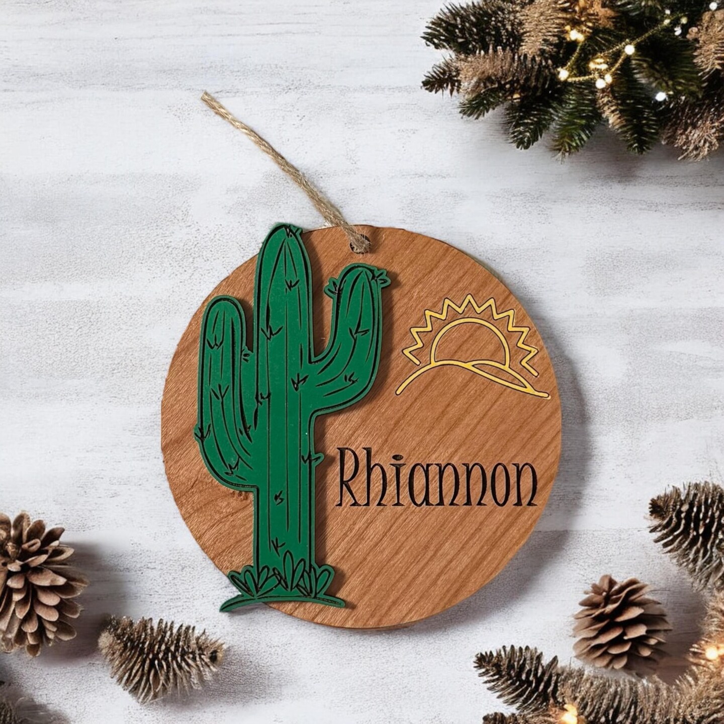Personalized Cactus Ornament Desert Sun Christmas Decoration Southwestern Name Keepsake Rustic Boho Tree Ornament product 7