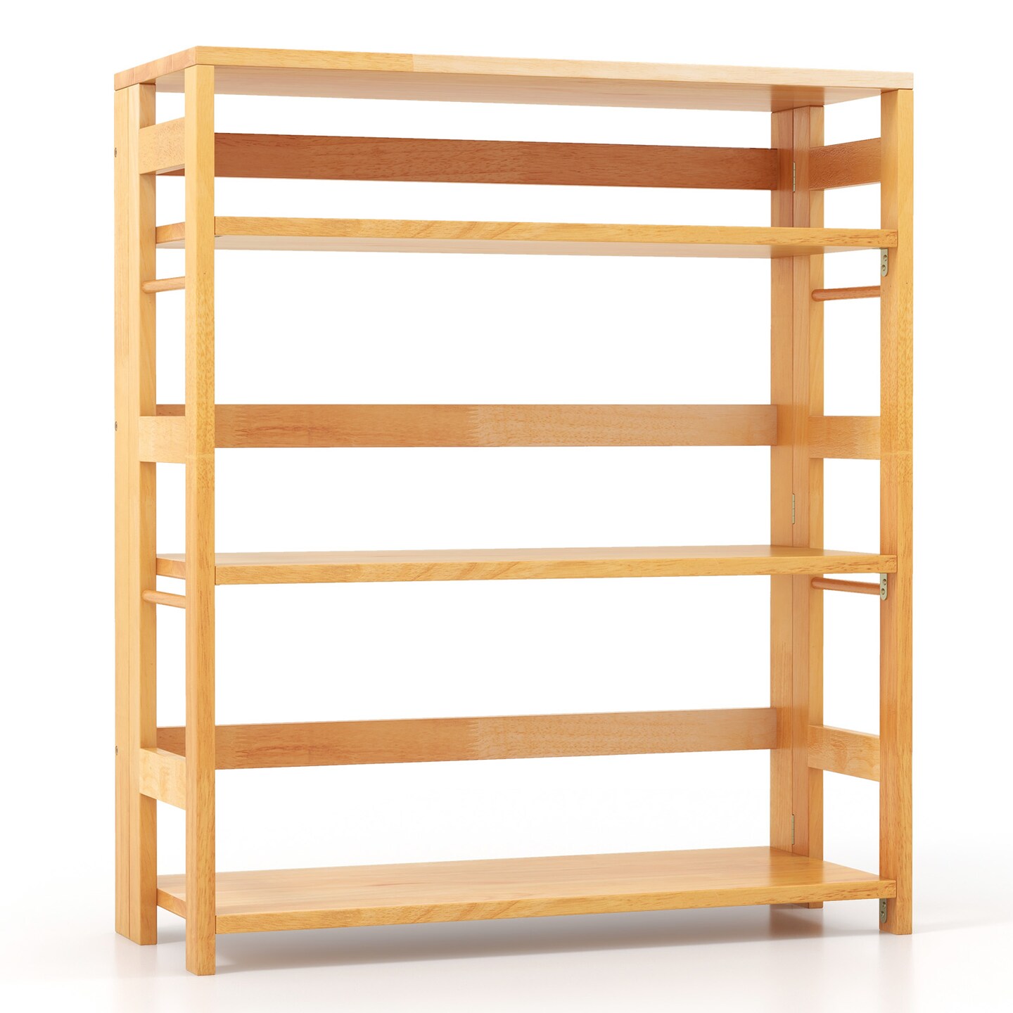 4-Tier Bookshelf Rubber Wood Bookcase with Side Fences for Living Room